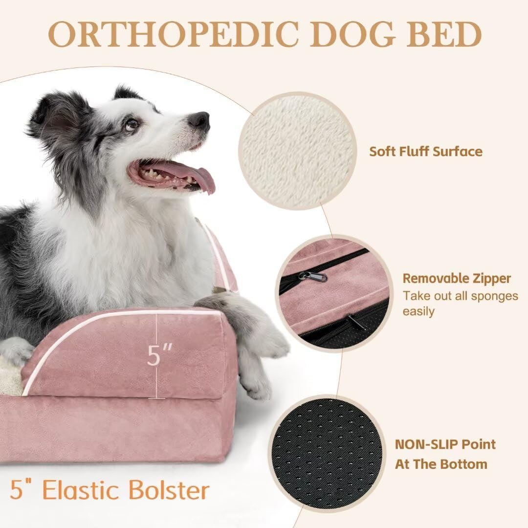 Comfort Expression Waterproof Orthopedic Foam Dog Beds Extra Large Dogs, XL Dog Bed with Bolster, Washable Pet Sofa Couch with Removable Cover & Non-Slip Bottom(X-Large,Pink)