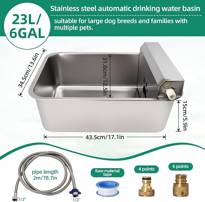 Automatic Dog Water Bowl Dispenser 23L Large with Hose & Adapter | Stainless Steel, Rustproof,Large Capacity, Self Filling, with Float Valve,No Mass, No-spill,outdoor,for Cat,Livestock,Chicken