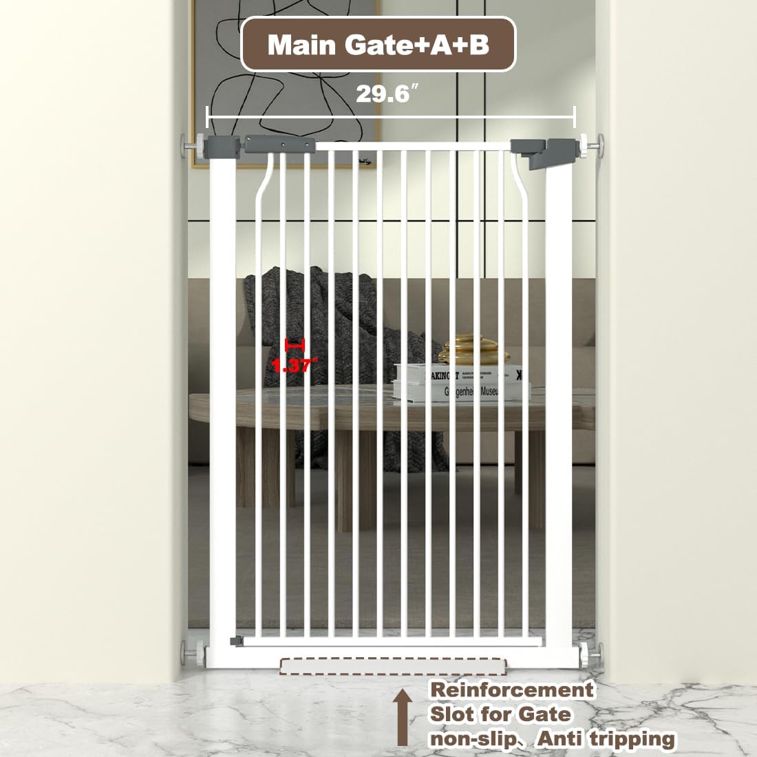 41" Extra Tall Cat Gate for Doorway, 29.6-32.5''W Metal Pet Baby Safe Gate, Extra Wide Pressure Mounted Baby Gate, No Drilling Cat Fence Indoor, Tall Dog Gate, White