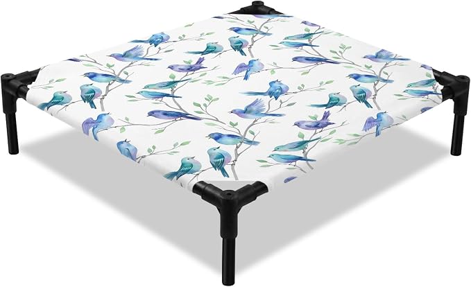 Outdoor Elevated Dog Bed for Small Dogs, Cute Birds Ombre Blue Breathable Cooling Raised Dog Cot for Indoor/Outdoor, Spring Country Animals Branches Waterproof Elevated Pet Beds, S 20 x 20 in