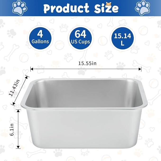 BWOGUE 4 Gallons Extra Large Dog Water Bowl for Large Dogs, Stainless Steel | Stainless Steel Dog Bowl, 1 Pack Large Water Bowl for Dogs, Wide Deep Bowl, Rectangular Shape, Easy to Clean, Outdoor Use