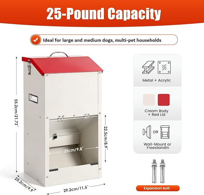 25lbs Automatic Dog Feeder Large Breed Gravity Dog Food Dispenser | Internal Door Lock‑in Design, Heavy Duty Galvanized Dog Feeder, for Multiple Dog Breeds Pets Indoor Outdoor