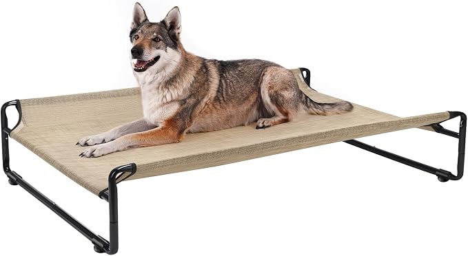 Veehoo Outdoor Elevated Dog Bed, Cooling Raised Dog Beds for Large Dogs | Washable Dog Cot with Headrest Sides, Non-Skid Feet, Breathable Mesh, Cooling Pet Hammock for Indoor or Camping, 47", Beige