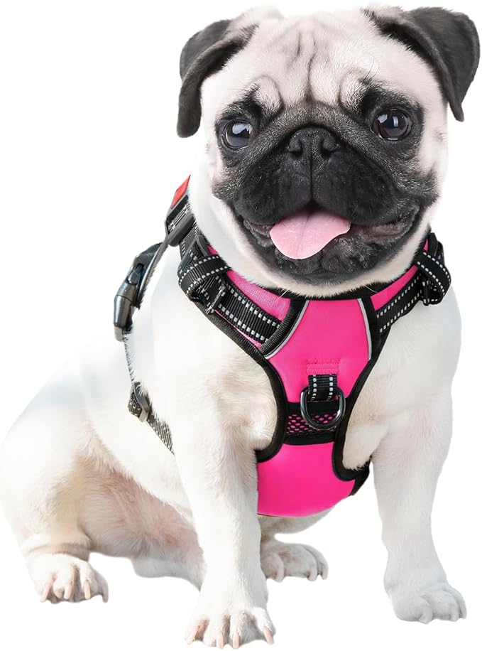 Reflective Dog Harness Large Breed Adjustable No Pull Vest | with Handle 2 Metal Rings 3 Buckles [Easy to Put on & Take Off](L, Pink)