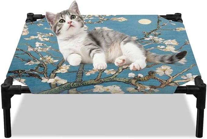 Outdoor Elevated Dog Bed for Small Dogs, Flowers Branches Breathable Cooling Raised Dog Cot for Indoor/Outdoor, Farmhouse Turquoise Sky Moon Tree Waterproof Elevated Pet Beds, S 20 x 20 in