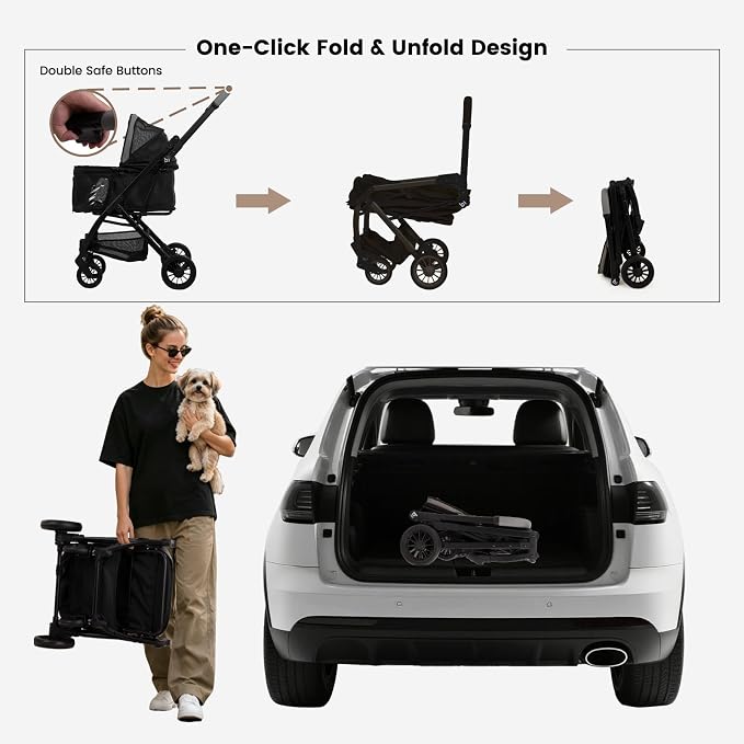 Babyboat Portable Dog Stroller for Small Dogs Cats Up to 35 Lbs - Black | One Hand Folding Compact Travel Pet Stroller with Convertible Canopy, Storage Basket, Cup Holder