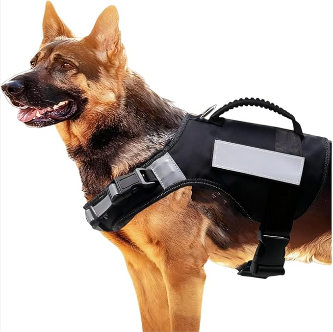 Heavy Duty Tactical Dog Harness for Large Dogs No Pull, Adjustable Reflective Pet Vest with 2 Leash Clips Front & Back, Easy Control Handle for Walking, Training, Service, Black, XL