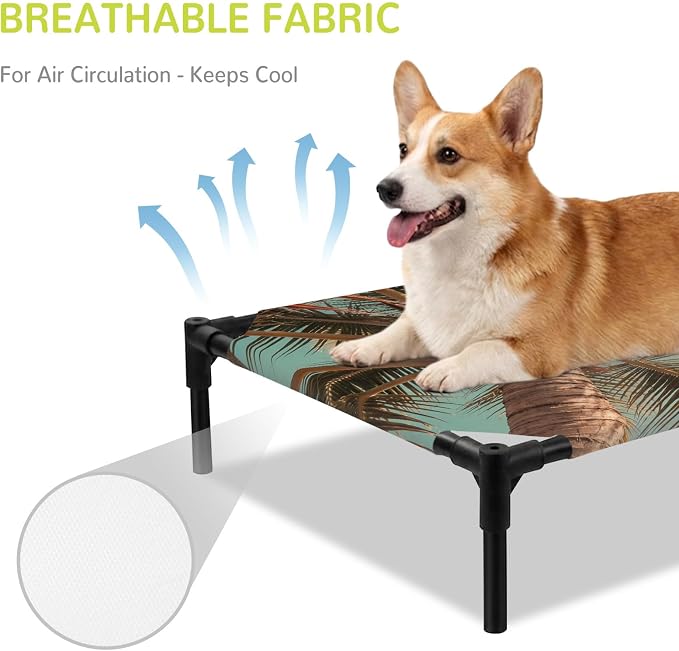 Outdoor Elevated Dog Bed for Large Dogs, Summer Palm Tree Breathable Cooling Raised Dog Cot for Indoor/Outdoor, Tropical Plants Botanical Trees Waterproof Elevated Pet Beds, L 28 x 22 in