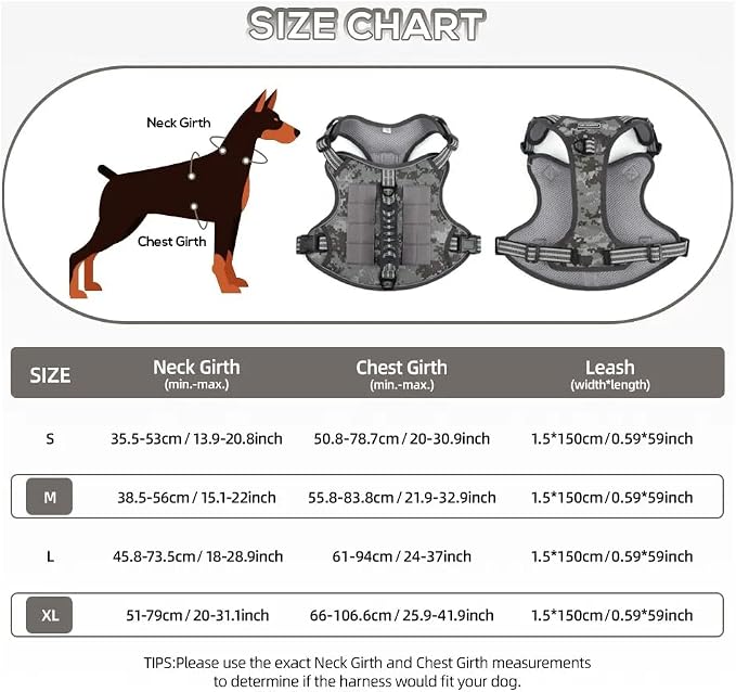 Tactical Dog Harness with Leash for Large Dogs, No Pull Adjustable Dog Harness, Reflective K9 Working Pet Vest for Walking, Training (Camouflage Grey, L)