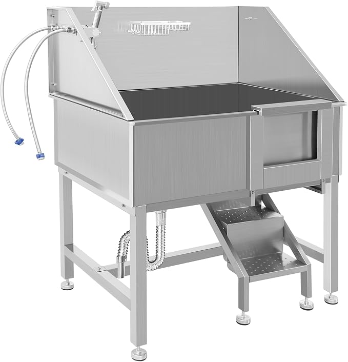 38" Stainless Steel Dog Washing Stations for Large Dogs, Pet Grooming Tub for Home, Professional Pet Bathtub Bathing Station, Pet Wash Station, Dog Shower Tub with Stairs, Drain & Door,R-Door