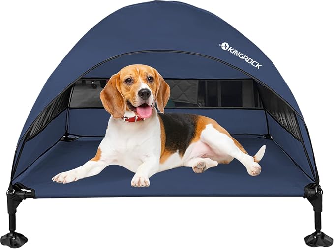 KINGROCK Elevated Dog Bed with Removable Canopy Portable Outdoor Pet Cot Waterproof 600D Oxford Fabric Anti Slip Feet for Large Dogs Camping Beach Indoor and Outdoor Use