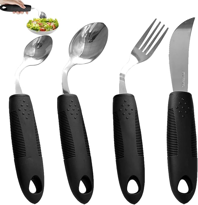 4Pcs Weighted Adaptive Utensils, 45°Angled Built up Utensils Set for Hand Tremors, 3.5oz Parkinsons Utensils for Elderly, Weighted Spoon Hand Tremors, Parkinson & Disabled Care Gift Pick (Left-Handed)