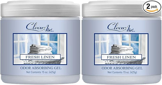 Clear Air 15oz Gel Odor Eliminator - Absorb & Remove Strong Odors from Pets, in Bathrooms, Basements, Garage, Cars, RVs & Boats - Eliminate Tough Odors with Essential Oils (Fresh Linen, 2-Pack)