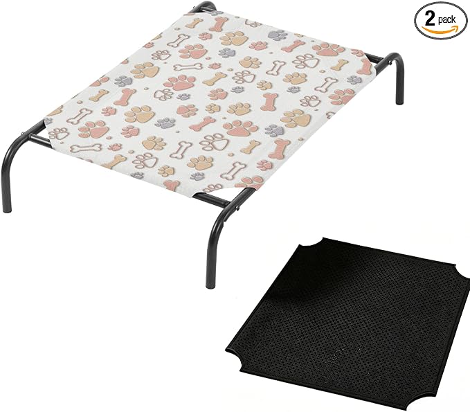 QOOMO Elevated Dog Bed with Cooling Fabric, Pet Cot for Small and Big Dogs, Indoor and Outdoor Use, Joint Relief, Cute Printed Cushion Included (Orange Paw Prints, 35.43" L*25.59" W*8.27" Th)
