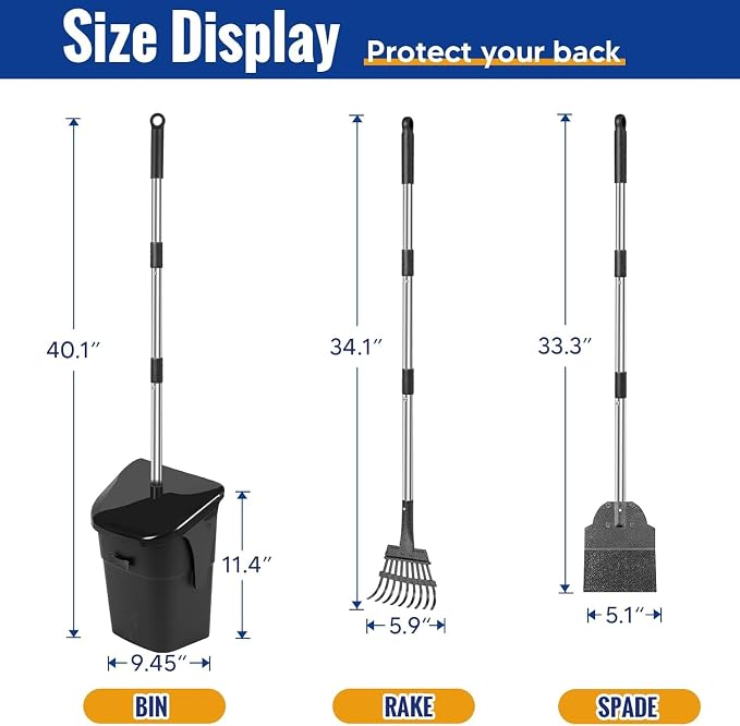 3pcs Heavy Duty Dog Pooper Scooper with 40 Bags, Long Handle Swivel Bin & Rake Spade for Large Medium Dogs, Pet Waste Removal for Yard Grass Gravel, Easy to Clean