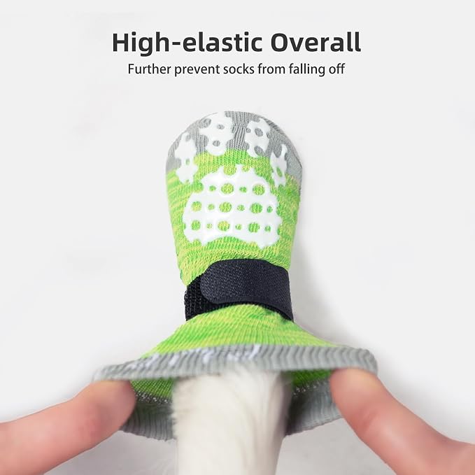 PUPTECK Anti-Slip Dog Socks with Double Sides Grips for Small Medium Large Dogs Hardwood Floors Prevents Licking, Dog Shoes for Hot Pavement Traction Control for Senior Dogs, Fluorescent Green, S
