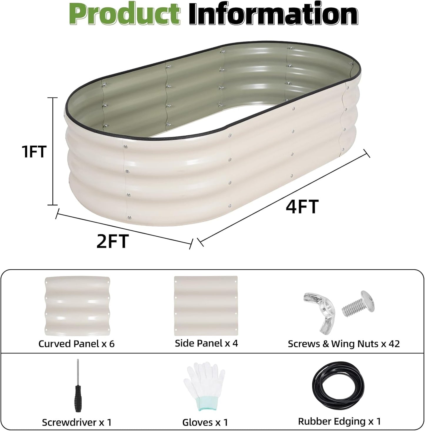 G GOOD GAIN Galvanized Metal Raised Garden Bed Kit - 4x2x1FT Outdoor Planter Box with Safety Edging and Gloves for Vegetables, Fruits, Flowers(White, 2PC)