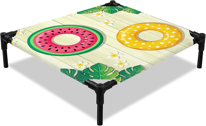 Outdoor Elevated Dog Bed for Small Dogs, Summer Swimming Rings Breathable Cooling Raised Dog Cot for Indoor/Outdoor, Floral Plumeria Yellow Wooden Waterproof Elevated Pet Beds, S 20 x 20 in