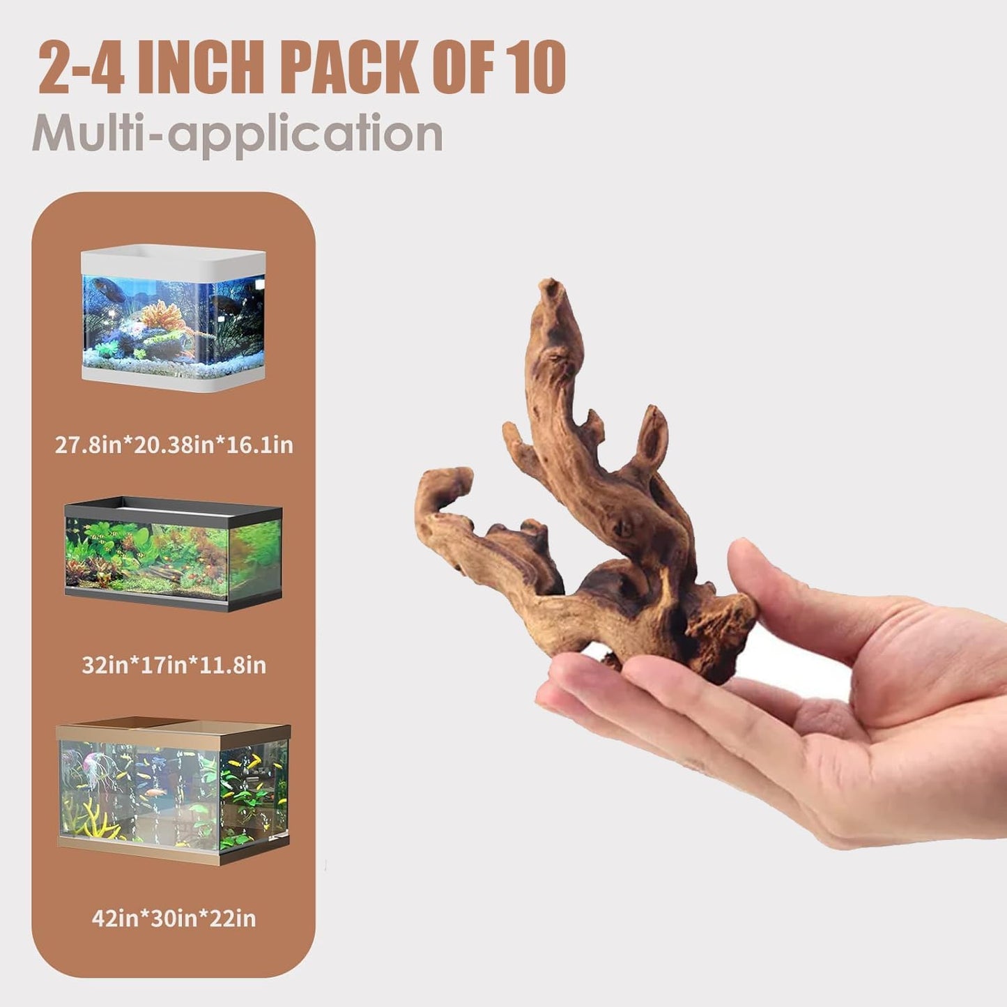 Natural Small Aquarium Driftwood for Fish Tanks & Reptile Terrariums – Safe Fish Tank Decorations, Unique Twisted Branches 10-Piece 2-4 Inch Low Tannin, Easy to Sink