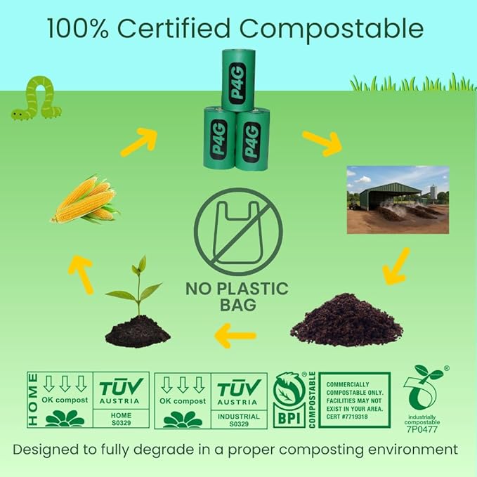 Paws4Green 100% Certified Home Compostable Poop Bags (135 Count 9 Rolls), Plant Based, Extra Thick (20 Micron) Leak Proof, Unscented Standard Size 9 X 13'', ASTM D6400 & EN 13432 Compliant