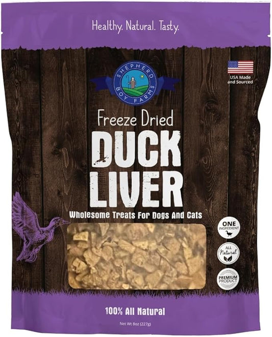 Shepherd Boy Farms Freeze Dried Dog and Cat Treats, Duck Liver, All Natural Single Ingredient Freeze-Dried Dog Treat & Snacks, Made in USA, High Protein, Essential Nutrition of Raw Food, 8oz