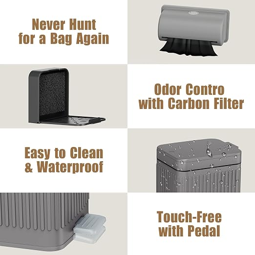 Dog Poop Trash Can for Outside & Indoor, 5L/1.3Gal Small Pet Waste Bin with Odor Control Carbon Filter Lid, 2-Way Open (Step & Press Top), Dog Waste Container with Bag Holder, Grey