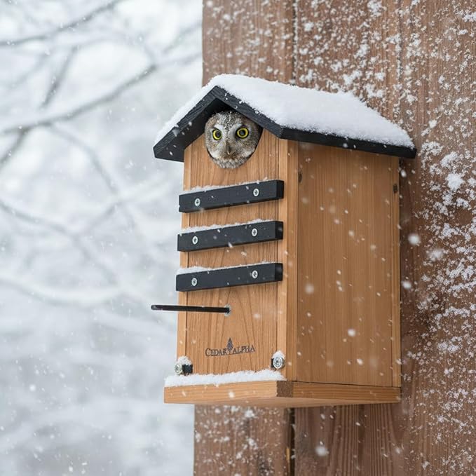 Cedar Screech Owl House Box, Squirrel House, Duck Nesting Shelter, Cedar Bird House for Outside, Rustic Big Birdhouse,Nesting Shelter Nester Large Heavy, Stainless Steel Perch,Assemble Needed