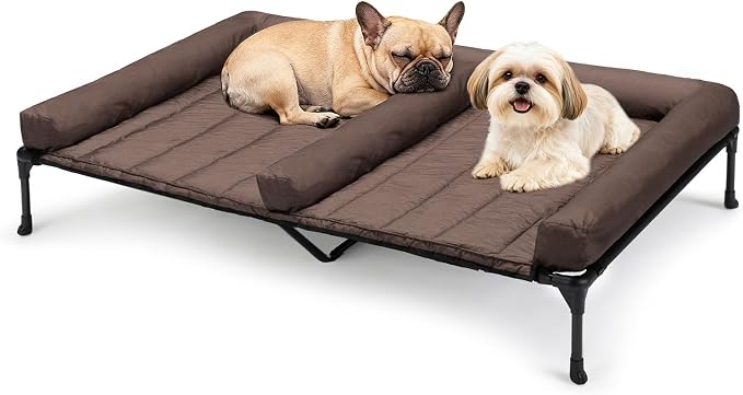 Veehoo Elevated Dog Bed for 2 Dogs, Cooling Raised Dog Bed with Bolster Mat | Outdoor Double Dog Bed with Removable Waterproof Cushion, Breathable Mesh, Non-Slip Feet for Outdoor & Indoor, 49", Brown
