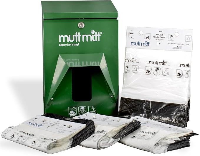 Mutt Mitt® Aluminum Dog Waste Starter Station - Gloss Green | 2-Ply | Rust-proof aluminum dispenser, includes 400 header bags, locking hood, fits all 5" header refills, hardware included