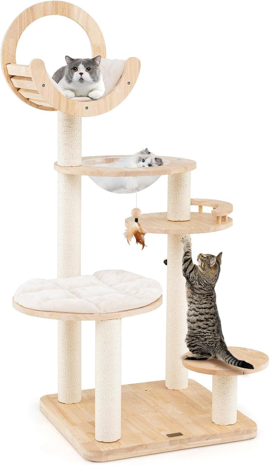 PETSITE 57 Inches Tall Wooden Cat Tree, Multi-Level Cat Tower with Scratching Posts, Space Capsule Bed, Padded Platform and Hanging Ball, Modern Transformable Cat Tree Tower for Indoor Cats Large