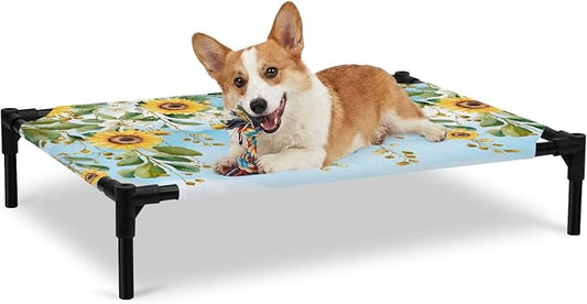 Outdoor Elevated Dog Bed for Large Dogs, Coastal Sunflower Vine Breathable Cooling Raised Dog Cot for Indoor/Outdoor, Summer Flower Blue Sky Garden Waterproof Elevated Pet Beds, L 28 x 22 in