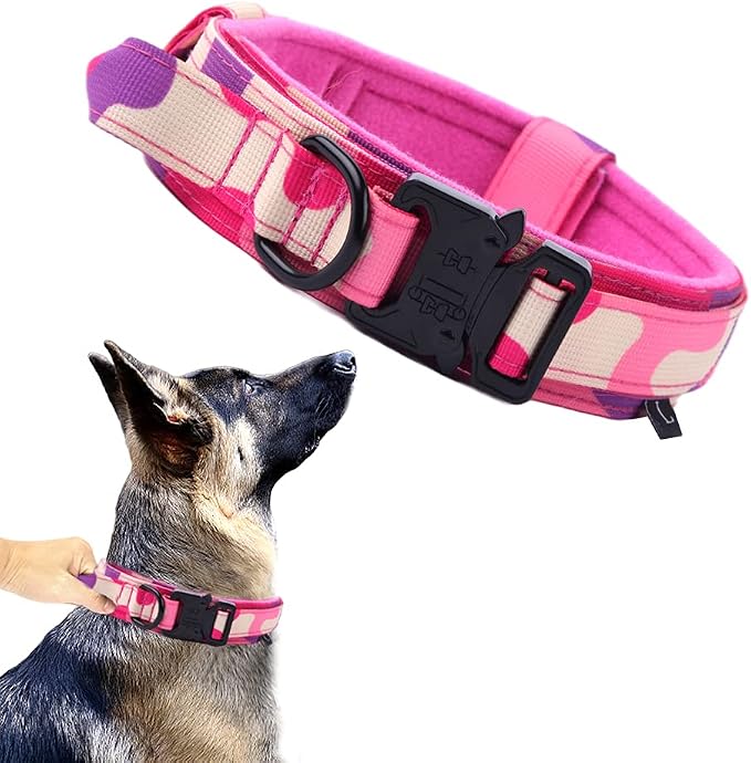 Tactical Dog Collar for Large Dogs with Control Handle,Pink Camo,M | 1000D Heavy-Duty Nylon Fabric,Quick-Release Metal Buckle,Adjustable Fit,Soft-Padded Webbing,D-Ring,for Training & Hiking