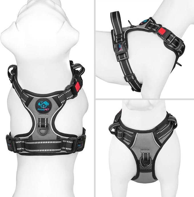 No Pull Dog Harness Medium Reflective Front Clip Vest with Handle | Adjustable 2 Metal Rings 3 Buckles,[Easy to Put on & Take Off](L, Grey)