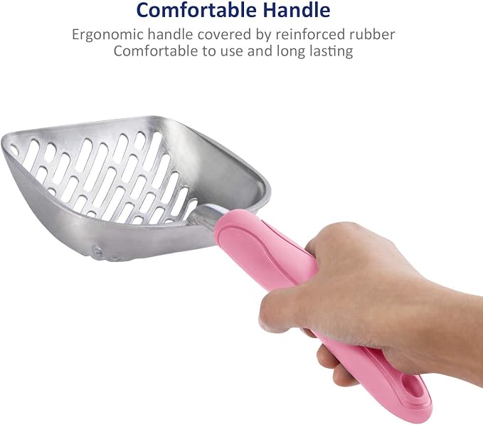 Cat Litter Scoop, Aluminum Alloy Sifter, Kitty Metal Scooper, Deep Shovel with Diagonal Sifting Hole, Long Handle, Kitten Poop Lifter for Litter Box, Large Size, Pink Handle