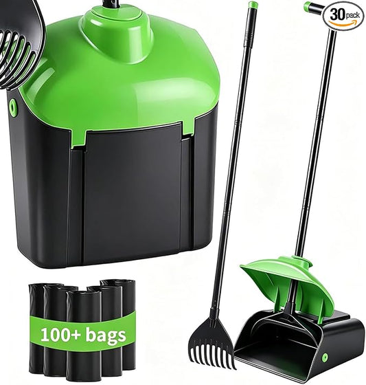 ienjoyed 40" Tall Dog Pooper Scooper with 100 Bags Attachment, Large Capacity Swivel Bin and Rake Metal Pole, Long Handle Pooper Scooper for Large Dogs, Dog Poop Scoop for Yard (Green)