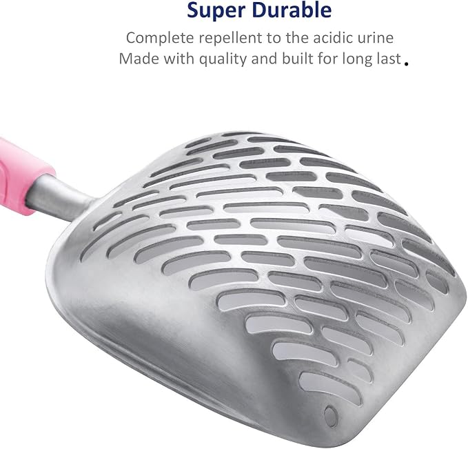 Cat Litter Scoop, Aluminum Alloy Sifter, Kitty Metal Scooper, Deep Shovel with Diagonal Sifting Hole, Long Handle, Kitten Poop Lifter for Litter Box, Large Size, Pink Handle