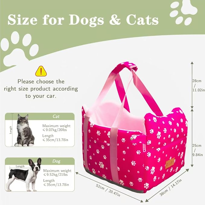 Center Console Dog Car Seat for Small Medium Dogs Up to 21 Lbs | Memory Foam Booster With Safety Leash, Washable Cover, Rose Red