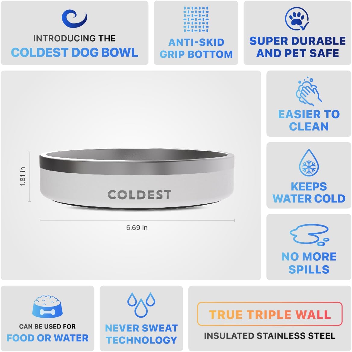 Coldest Dog Bowl - Anti Rust Metal, Non Slip, 3 Layers Insulated Stainless Steel Dog Bowls - Spill Proof & Heavy Duty - Water Bowl for Dogs, Cats & Pets, Dish Washer Safe (21 oz, Epic White)