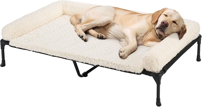 Veehoo Orthopedic Elevated Dog Bed Add Removable Deluxe Rose Plush Bolster Cushion Mat, 47" x 29" Washable Dog Couch Bed, Raised Pet Cot with Breathable Teslin Mesh, No-Slip Feet, White, CWC2439B