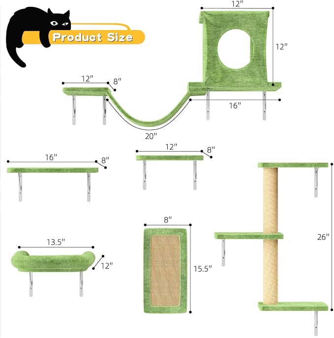 12-in-1 Cat Wall Shelves, Luxury Wall-Mounted Cat Climber Set with Condos House, Scratching Post, Bridge Ladder, Indoor Space-Saving Furniture for Kittens, Green
