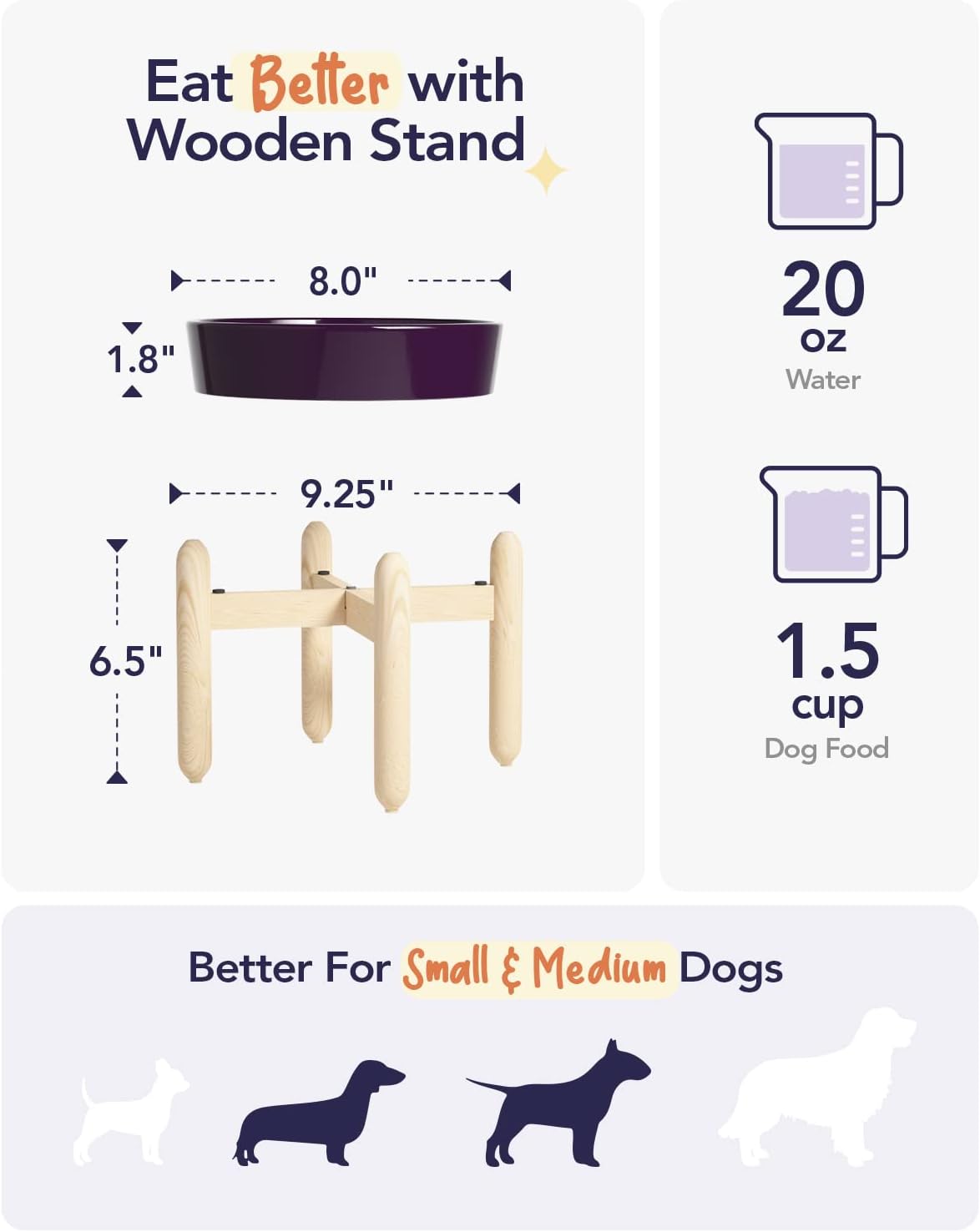 LE TAUCI Ceramic Slow Feed Dog Bowls, Elevated for Small and Medium Breed Dogs, Anti-Gulping Pet Feeding Dishes, Maze Purple, 1.5 Cups