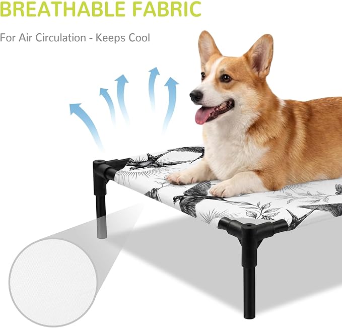 Outdoor Elevated Dog Bed for Large Dogs, Birds Leaves Breathable Cooling Raised Dog Cot for Indoor/Outdoor, Spring Farmhouse Botanical Animals Vines Waterproof Elevated Pet Beds, L 28 x 22 in