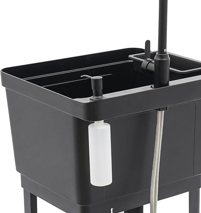 Tall Freestanding Plastic Utility Sink with Hose Hook Up Black | 360° Rotating Hot and Cold Faucet, Built-in Soap Box and Soap Dispenser, Bottom Storage Rack, Four Iron Support Feet