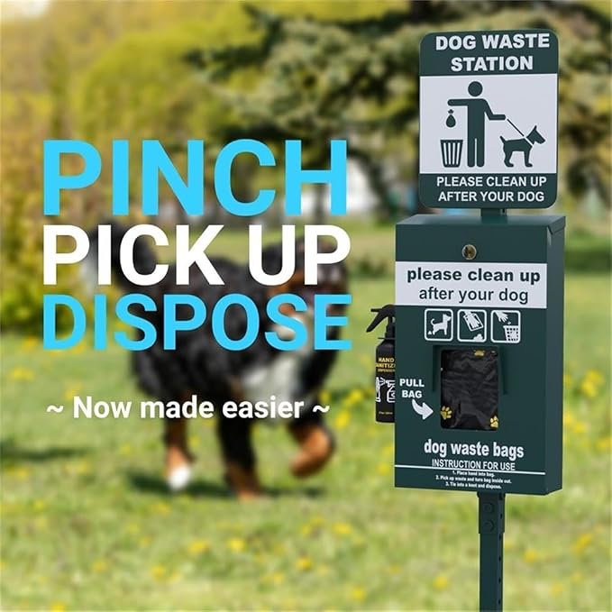 Pemberly Row Mini Pet Waste Station, 76 in Galvanized Steel, Green Powder Coated Finish, Pull Out Bag Dispenser, Hand Sanitizer Bottle Included, Glow-in-the-Dark Signage for Outdoor Use