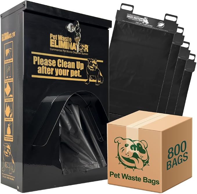 Dog Waste Station Dispenser Box - 800 FREE Dog Poop Bags- Made of Rustproof Aluminum - Pet Waste Bag Dispenser with Lock and Rainguard - For Commercial Use, Parks, Condos, HOA (Black)