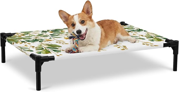 Outdoor Elevated Dog Bed for Large Dogs, Floral Vine Breathable Cooling Raised Dog Cot for Indoor/Outdoor, White Hanging Buds Botanical Flowers Farmhouse Waterproof Elevated Pet Beds, L 28 x 22 in