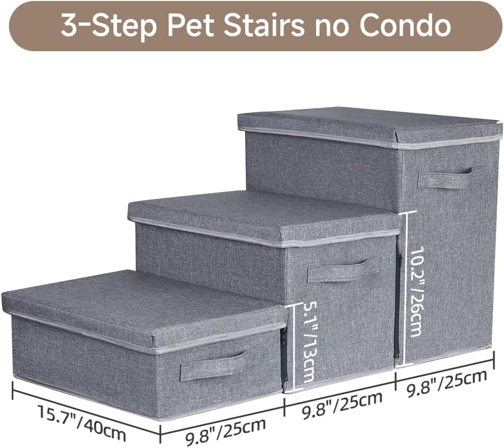 Pet Stairs with Storage, Pet Step for Small Dogs and Cats, 3-Step Folding Pet Steps with Zip, Cat Stairs Dog Steps for Bed, Couch and Car Ramp (Gray, 3 Steps no Condo)