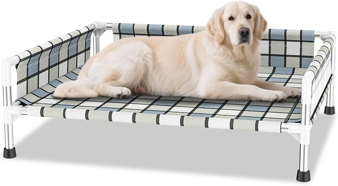 Elevated Dog Bed with with Guardrail, Raised 3-Fence Dog Hammock Bed | Breathable Lifted Stainless Steel Frame Dog Bed for All Pets, Cooling Washable Dog Cot