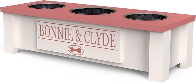 3 Bowl Dog Feeding Station, Personalized Triple Bowl Food Stand Small Dogs | Farmhouse Style, Elevated Wood Stand, Storage Container, Stainless Steel Bowls, Raised Feeder, Small Breed, Made in USA