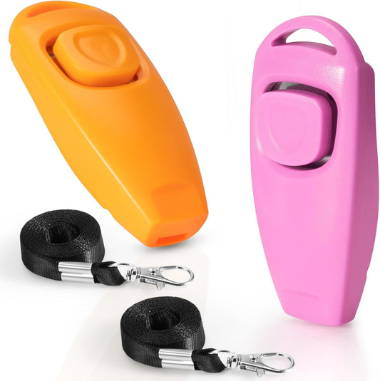 2-in-1 Dog Training Clicker Whistle for Training and Recall, Training Accessories for Puppy, Cats, Horses & Small Animals - 2 Pack with Lanyard, Reward Your Pets Efficiently(Pink + Orange)